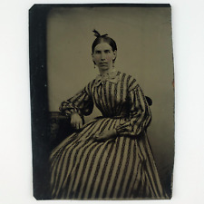 Eccentric Striped Dress Woman Tintype c1870 Antique 1/6 Plate Photo Lady C1994 picture