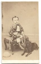 1860-70s CDV Wonderful Image of Small Boy Posing with his Spaniel Dog Tied Rope picture