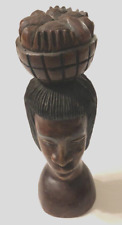 $65 African Signed Hand Carved Wooden Bust Figure Brown Vintage Art Man Basket picture