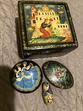 VINTAGE Lot of 4 Laquer Russian Square Trinket Box & 3 Russian Pins HandPainted picture