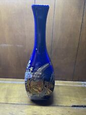Vintage Cobalt Blue Ceramic Square Globular Vase Gold Pheasant Japanese Style picture