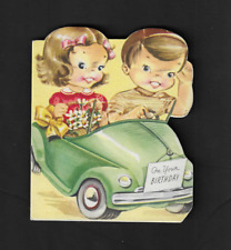 vintage #5-545 Greeting On Your BIRTHDAY Card Girl & Boy riding blue Car picture