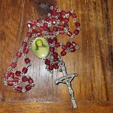 Rosary of cranberry red plastic beads silver toned Crucifix Voval Medallion  picture