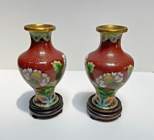 Lovely Pair of Cloisonné Vases Rusty Red with Flowers on Brass picture