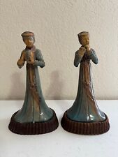 Antique Pair of Chinese Mudman Statues Figurines Lady Musicians w/ Wood Stands picture