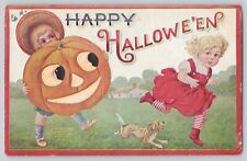 Halloween Postcard Boy Carries Giant JOL Pumpkin Scared Girl Dog Artist B. Wall picture