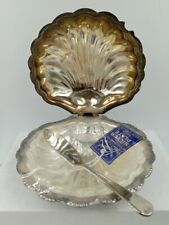 English silver plated clam shell CAVIAR BUTTER dish W/ glass liner & Knife 5.5
