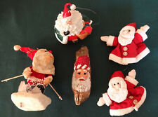 5 Vintage Santa Claus Ornaments, Skier, Log, Ceramic Roly Poly, Handmade Puppets picture