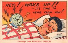 Vintage Postcard 1953 Greetings From Winamac Indiana Man Sleeping Alarm Clock picture