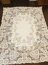 antique handmade tablecloth enbroidery cut work  Linen Filet Lace 79” X 62 picture