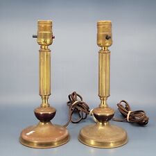 Vintage Pair Candlestick Faux Brass Metal Lamps Painted Wood Accent, Working picture