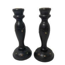 Vtg Pair of Wood Candlestick Holders 9” Taper Dark Brown Brass Metal Accents picture