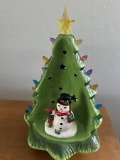 Green Light Up Christmas Tree 14” X 9” With Snowman And Cardinal Tested Battery picture
