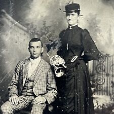 Antique Tintype Photograph Handsome Young Man & Beautiful Women Cornet Civil War picture