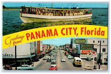 1960 Greetings From Panama City Fishing Boat Downtown Cars Florida FL Postcard picture