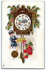 Rushford Minnesota MN Postcard New Year Little Boy Ringing Clock Holly Berries picture