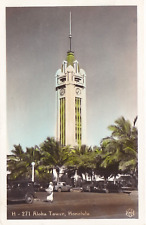Aloha Clock Tower Honolulu Hawaii Color Tinted Real Photo Postcard 1939 RPPC picture