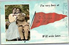 Postcard Pennant Romance IL Chicago couple cuddling on bench Very busy picture