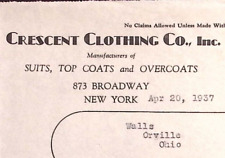 1937 CRESCENT CLOTHING CO NY WALLS ORVILLE OHIO BILLHEAD STATEMENT Z411 picture