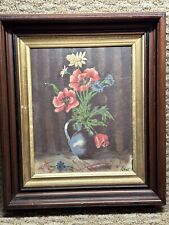 Vintage Blue Vase with Flowers Oil Painting 1948 German picture