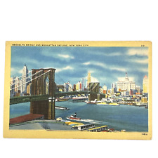 Vintage Brooklyn Bridge & Manhattan Skyline New York City Linen Postcard picture