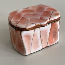 Vintage PINK Shell Coral Mosaic Trinket Pill Box Brass Small Container picture