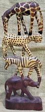 Wooden Vintage Safari African Totem 4 Stacked Animals Handcarved Kenya Vintage  picture