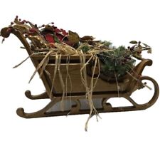 Vintage Wooden Sleigh Floral Pine Cones Poinsettia 24 Inches Long picture