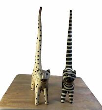 Lot Of 2 Lot Tail Wooden Cat Figurines- Hand Painted Folk Art- 9”H- Stripes/Dots picture