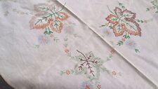 VTG CREAM WHITE LINEN COLOR STAMPED LINEN TABLECLOTH/TOPPER 2 EMBROIDER picture