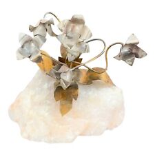 1960s Vintage Metal Flowers On A Pink Stone Mineral Rock Mid Century Figurine picture