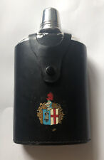 Vintage REAL HIDE LEATHER GLASS FLASK Made in ENGLAND Chrome Black Coat Of Arms picture