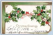RAPHAEL TUCK & SONS ANTIQUE CHRISTMAS GREETINGS CARD EMBOSSED HOLLY BERRIES picture