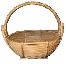 VTG Handmade Bamboo Rattan Basket Boat Shaped Reed Grass Handle Handmade picture