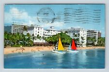 Waikiki Beach HI, Moana Hotel, Surfer, Catamaran, Hawaii Vintage Postcard picture
