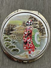 Vintage Geisha Girl Chokin Art pocket Mirror Compact Made In Japan picture