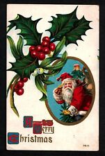 5402 Antique Vintage Postcard MERRY CHRISTMAS Santa Toys Doll Holly Yellow Glove picture