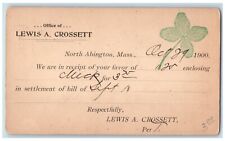1900 Lewis Crossett Office Receipt North Abington Massachusetts MA Postcard picture