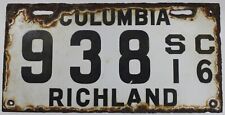 1916 South Carolina Vintage Porcelain License Plate Richland County, Columbia SC picture