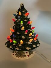 Vintage 9” Ceramic Green Christmas Tree Colored Lights White Base With Holly picture