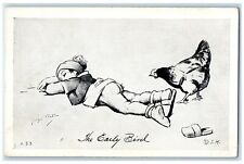 The Early Bird Little Kid Sleeping Chicken Hen Unposted Vintage Postcard picture