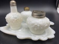 Antique 4 Pc. Milk Glass Set   Tray Salt & Pepper Shaker & Condiment Jar Childs? picture