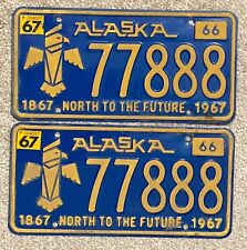 Pair of Classic 1966-1967 ALASKA TOTEM POLE LICENSE PLATES #77888 Lucky Numbers picture