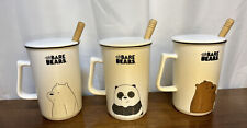 Miniso We Bare Bears Ceramic Mugs Set of three spoons lids white miniso picture