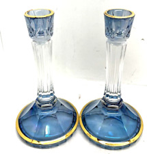 Lot of 2 Italian Crystal Pair of Candlesticks SC Line blu Flashed Gold Trim picture