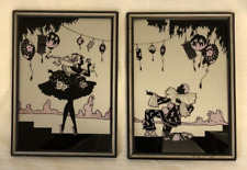 Pair of Vintage 1920 Reverse Painted Glass Silhouette Ballerina & Harlequin picture