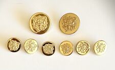 8 Vintage Gold Tone Metal Crown Crested Shield Heraldic Shank Buttons 2 Lg 6 M picture