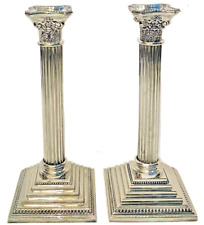 Vintage Pair of 12” Silverplate Corinthian Column Candle Holders Candlesticks picture