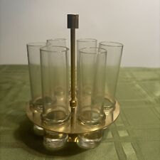 Set Of 6 Six Shot Glasses In Brass Holder 1960’s Vintage. No Chips Or Scratches picture
