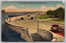 East Entrance Bayshore Drive Tampa Florida Fl Linen Old Car Postcard picture